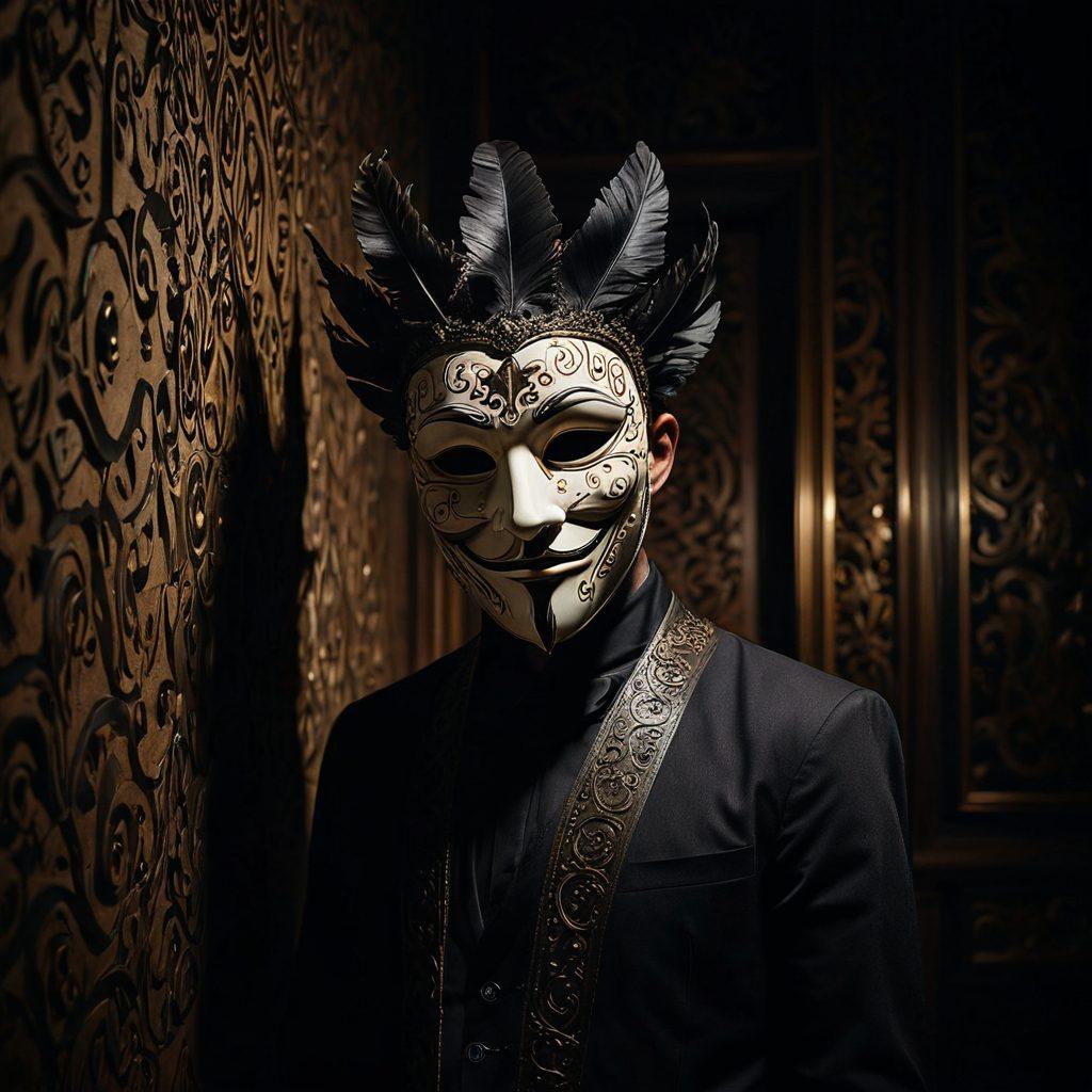 A mysterious figure in a half-lit room, wearing a theatrical mask, surrounded by ancient scrolls and quills, symbolizing the craft of clever cunning. Shadows dance on the walls, and a sly smile is barely visible. Incorporate elements of mystique and intrigue, with rich, dark colors and subtle highlights. painting. vibrant colors.