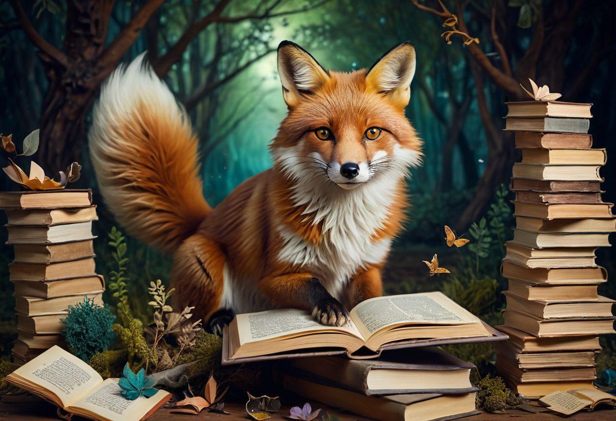 A whimsical fox wearing spectacles, surrounded by books and scrolls, elegantly crafting a playful illusion with shimmering cards floating in the air. The background features a mysterious, enchanted forest with hints of twilight, casting an air of intrigue. The fox should exude cleverness and charm, embodying the essence of deception and wit. surrealistic. vibrant colors. soft focus.