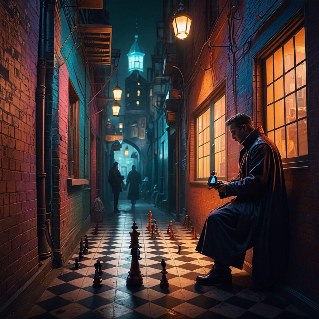 A shadowy figure in a dark alley, skillfully blending with the environment, holding a chess piece that symbolizes strategy. The background is a whimsical cityscape with hints of mystery and intrigue, illuminated by soft, ambient lights. Flecks of colors subtly hint at deception and cunning. Elegant, flowing lines evoke the essence of artful cunning and wily tactics. cyberpunk. vibrant colors. dramatic shadows.